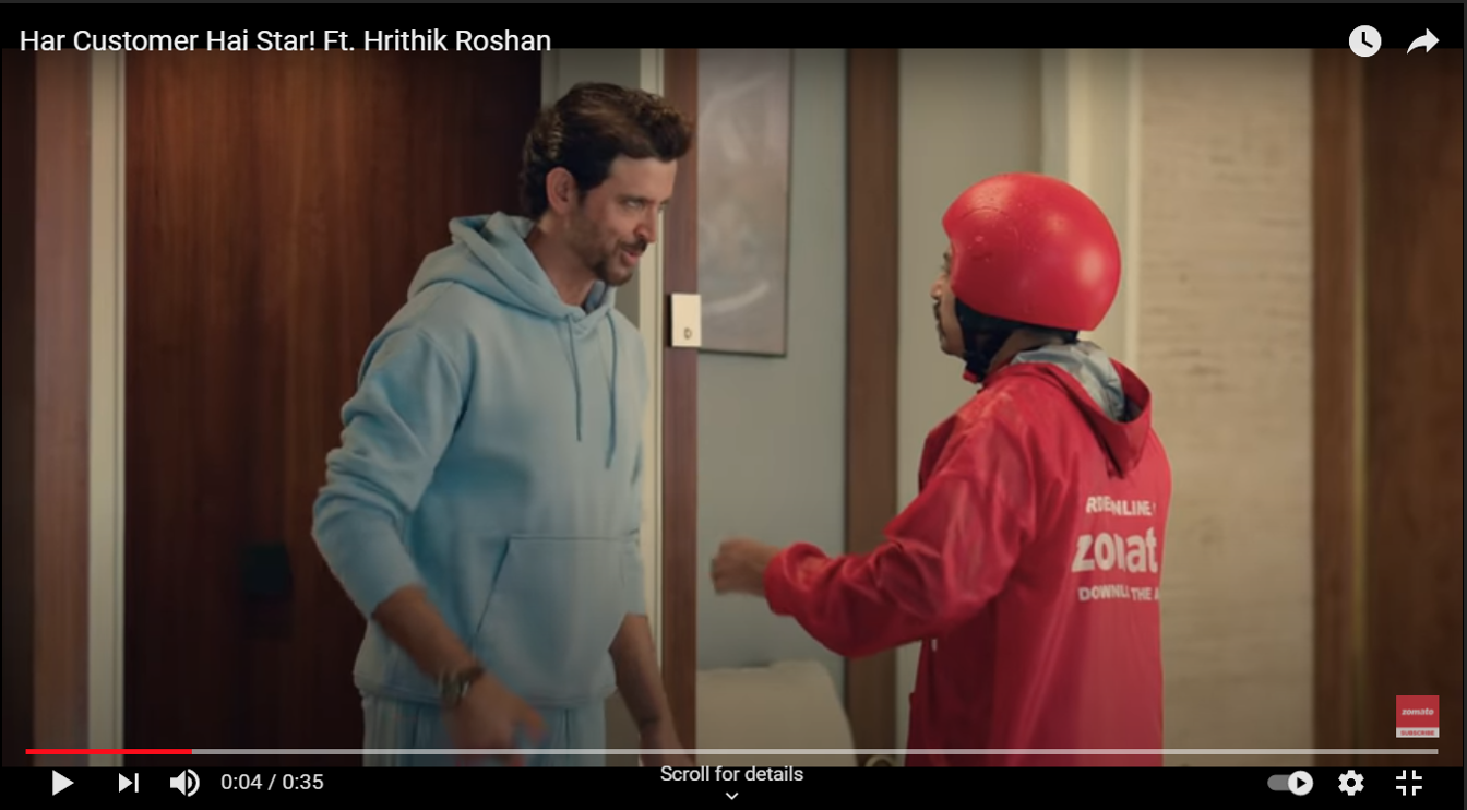Delivery worker realizes his customer is the Bollywood star Hritik Roshan. Zomato Ad/ Youtube 